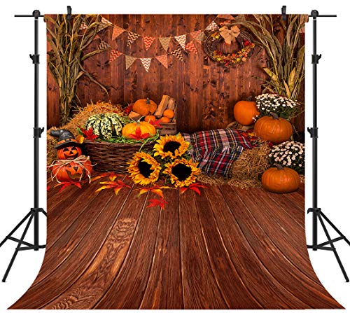 10X10FT Fall Thanksgiving Wooden Floor Barn Autumn Pumpkins Maple Leaves Sunflower Baby Portrait Party Halloween Decoration Vinyl Photography Backdrop Photo Booth Background Studio Prop TP295C - size: 10'x10'