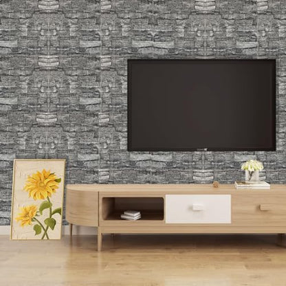 3D Wall Panels Peel and Stick in Black Grey, 40 PCS XPE Foam 3D Wallpaper, Faux Brick Wall Panels for Bedroom, Stairs, Kitchen - color: Black Rock, size: 40PCS