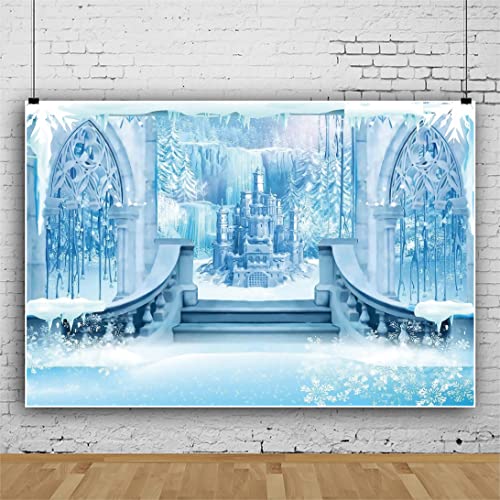 5x3FT Winter Castle Backdrop - Winter Wonderland Ice Photography for Kids, Newborn Baby, Princess 1st Birthday Party - Snow World Blue Snowflake Banner Decor - size: 5x3ft