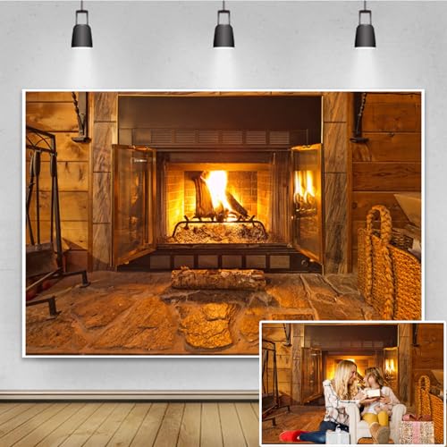 Renaiss 7x5ft Burning Fireplace Photo Backdrop Firewoods Flaming Photography Background Christmas Nativity New Year's Eve Party Decoration Children Adult Holiday Photo Booth Props - color: Brown-3, size: 7x5ft