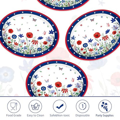 Grencian 50 Pcs 4th of July Flower Oval Paper Plates 10" × 12" Heavy Duty American Flag Plates Disposable Patriotic Platters for Independence Day Memorial Day 250th Anniversary Party Supplies Decor - style: 50Pcs 4th of July Floral Oval Plates