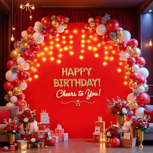6.6 ft Red Round Backdrop Cover with Lights Circle Arch Backdrop Cover with Fairy Lights for Birthday Party Baby Shower Wedding Bridal Shower Photography Photo Shoot Background Decorations - color: Red, size: 6.6 FT