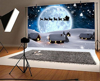 7x5ft Moon Night Winter Backdrops for Photography Fantasy Santa's Sleigh Ride Snowing Wonderland Fairy Tale Small Village Christmas Background Happy New Year Photo Booth Props