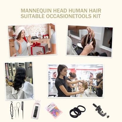Mannequin Head Human Hair, 16inch, with 100% Human Hair, Cosmetology Doll Head for Hairdresser Practice Braiding Hair Styling, with Table Clamp Stand and Tools