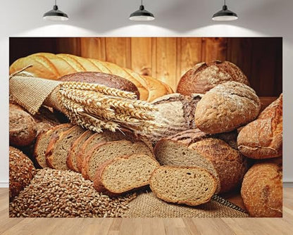 7x5ft Bread Backdrop Breads Sliced Loaves Wheat Ears Grains Rustic Wooden Wall Background for Baking Theme Party Bakery Display Food Photography Decor Photo Studio Booth Props Wallpapers - size: 7x5FT