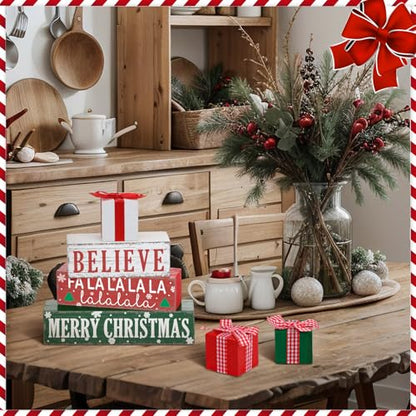 Geelin 4 Pieces Merry Christmas Wooden Table Decorations Xmas Wood Gift Boxes Decor Rustic Christmas Tiered Tray Decor Xmas Believe Tabletop Centerpieces for Home Desk Room Kitchen Shelf - style: Gift