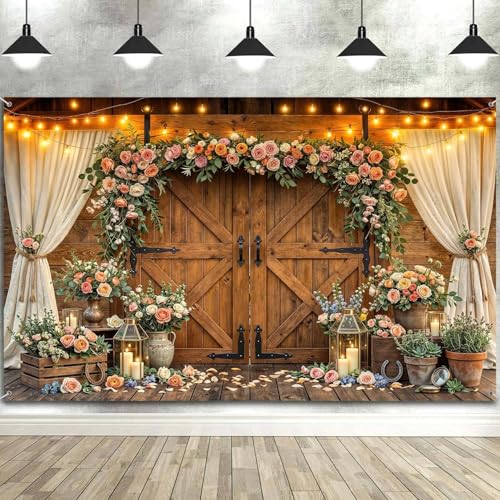 5x3ft Western Wedding Backdrop Rustic Barn Door Photography Backdrop Farmhouse Pink Flower Cabin Wooden Birthday Baby Shower Country Anniversary Bridal Party Banner Photo Booth Props Background - color: Multi90, size: 5X3FT