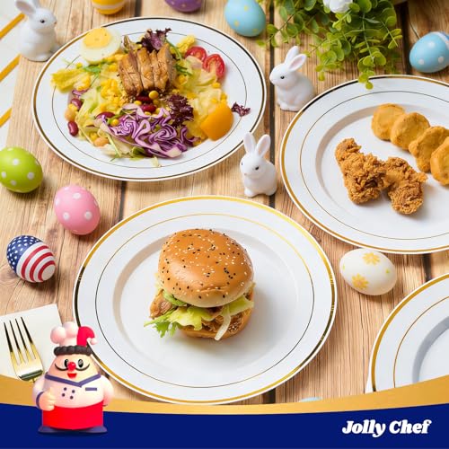 JOLLY CHEF 100 Pieces Gold Plastic Plates, 10 Inch Elegant Disposable Dinner White with Gold Rim, Disposable Plastic Plates for Christmas, Birthdays and Weddings - style: Gold-100