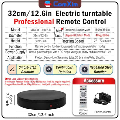 32cm Rotating Platform, 350lbs Capacity Motorized Electric Turntable, Heavy Duty Motorized Rotating Base, Large Motorized Rotating Display Stand,Photography Turntable for Photography,Exhibition - size: 12.6inch/Black/300Lbs Load