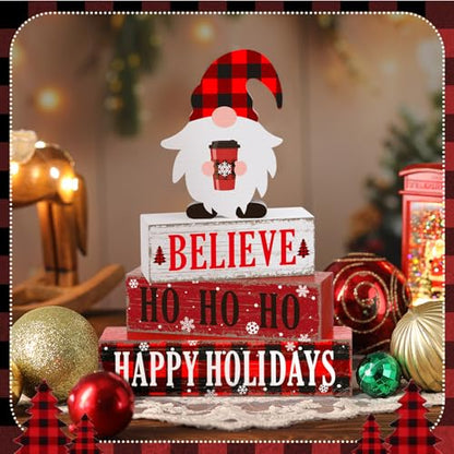 Geelin 4 Pcs Christmas Wooden Table Decorations Xmas Red and White Buffalo Plaid Signs Rustic Happy Holiday Tiered Tray Decor Xmas Gnome Tabletop Centerpieces for Home Desk Room Kitchen Shelf - style: Gnomes