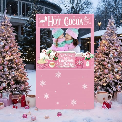 CroBlissful Pink Hot Chocolate Bar Decor Supplies 4 x 2.3 ft Christmas Cardboard Cutout Photo Booth Props Hot Cocoa Party Background Decor for Christmas Winter Holiday New Year Decorations - color: Pink, style: Christmas