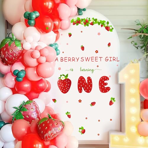 Berry First Birthday Decal for Balloon Arch Strawberry 1st Signs Decor Party Supplies Baby Girls Stickers - color: Red