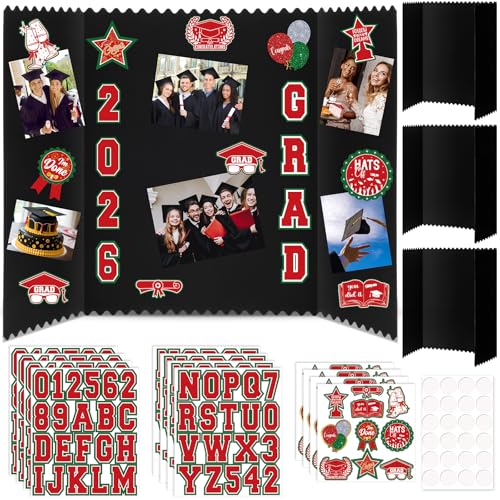 AmazingSpark 4 Sets 24 x 16 Trifold Poster Board for Graduation Photo Display Board with 12 Grad Themed Stickers for 2026 Presentation Party Decor Event Collage Frame Supplies(Red Green) - color: Red Green, size: 24 x 16"