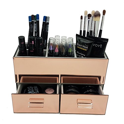 OnDisplay Olivia 2 Drawer Tiered Mirrored Glass Makeup/Jewelry Organizer - Rose Gold