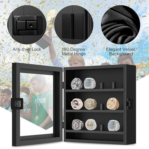 Championship Ring Display Case, 12 Ring Posts Baseball Ring Holder, Wall Mount Wooden Shadow Box for Multiple Championship Rings - size: 12 Posts-Rectangle