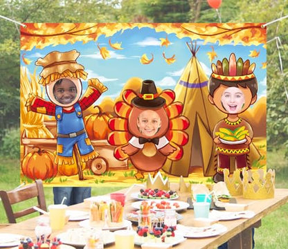 Thanksgiving Face in Hole Backdrop 5 x 3.3 ft, Scarecrow Turkey Indian Face Cutout Photo Props, Friendsgiving Party Photography Background, Fall Festival Turkey Day Decoration Kids Photo Booth Props