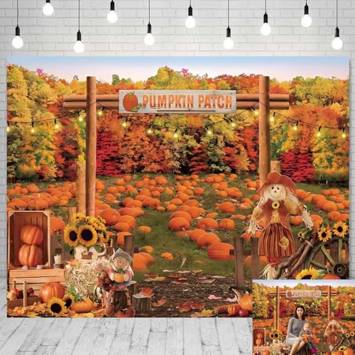 Fall Pumpkin Patch Backdrop 10x8ft Thanksgiving Halloween Autumn Pumpkins Haystack Maple Leaves Photo Background for Photography Festival Birthday Baby Shower Decorations Studio Photo Booth Props - color: Fall Pumpkin Patch