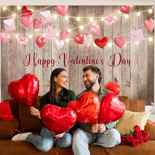 Rustic Valentine's Day Photography Backdrop 72 x 44 Inch - Wooden Happy Valentine's Day Banner with Hearts & Lights for Romantic Shoots - color: Wooden