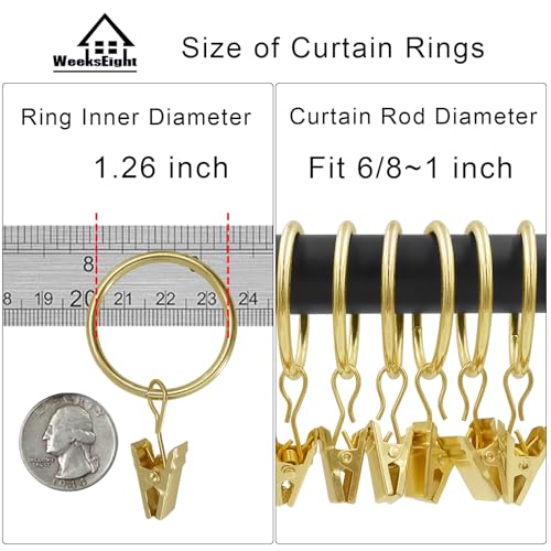 WeeksEight 40 Pack Gold Curtain Rings with Clips, Curtain Hooks Hangers Clip Rings for Hanging Drapes Bows Hat, Drapery Rings 1.26 in I D, Fits up to 1 in Diameter Curtain Rod. - color: Gold, size: 1.26" I D Set of 40