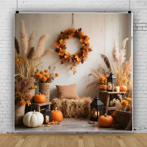 10x10ft Fall Backdrops for Photography Autumn Leaves Wreath Pumpkins Fall Photo Backdrop Background Festival Thanksgiving Birthday Decorations Baby Shower Portrait Photoshoot Video Studio Photo Props - color: Multi, size: 10x10ft