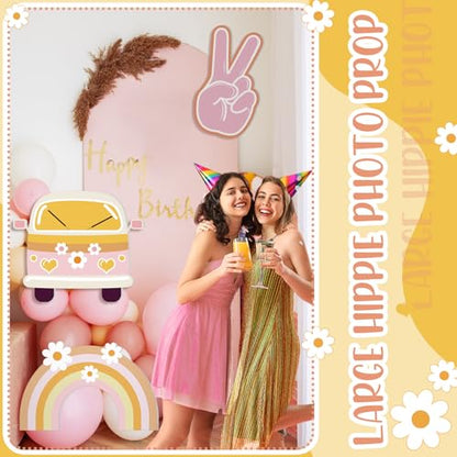 Soulchen 3 Pcs 24 Inch Large Hippie Photo Booth Props Retro Groovy Birthday Party Decorations Boho Bus Peace Sign Hand Rainbow Daisy Frame Backdrop for 60s 70s Hippie Party Supplies - style: Hippie