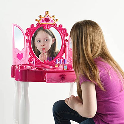 Play22 Pretend Play Girls Vanity Set with Mirror and Stool 21 PCS - Kids Makeup Vanity Table Set with Lights and Sounds - Includes Fashion Hair & Makeup Accessories