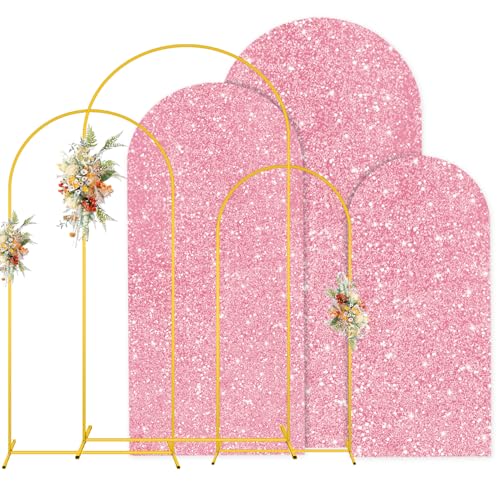 MODFUNS Metal Arch Backdrop Stand and Cover Set 4&5&6ft Pink Gold Sequins Arch Backdrop Cover Double Sided Arch Frame with Covers Gold Arch Stand and Covers for Banquet Reception Birthday Decor - color: Pink Gold, size: 4&5&6FT-Set