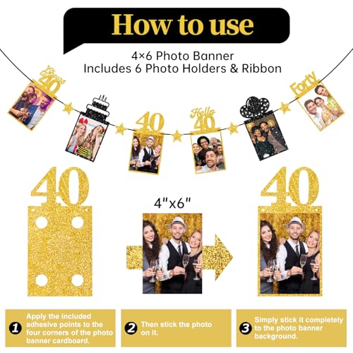Guiruiy Pre-strung Happy 40th Birthday Photo Banner Decorations for Men Women, Black Gold Glitter Hello 40 Birthday Photo Hanging Banner Party Supplies, Cheers to 40 Years Old Bday Sign - style: Black Gold 40th
