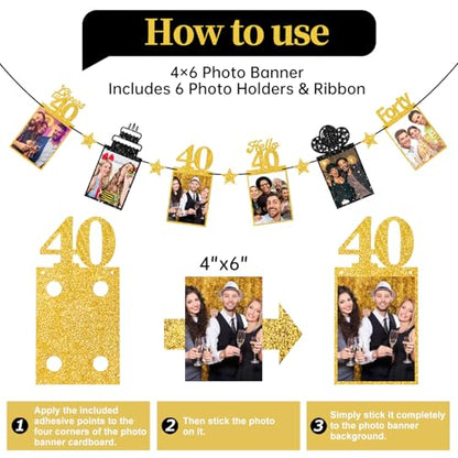 Guiruiy Pre-strung Happy 40th Birthday Photo Banner Decorations for Men Women, Black Gold Glitter Hello 40 Birthday Photo Hanging Banner Party Supplies, Cheers to 40 Years Old Bday Sign - style: Black Gold 40th