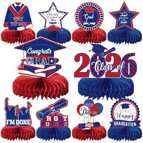 10PCS Graduation Party Decorations Class of 2026 Congrats Grad Table Centerpieces Congratulate Graduation Honeycomb Table Toppers for Graduation Party Supplies(Blue Red) - color: Blue Red