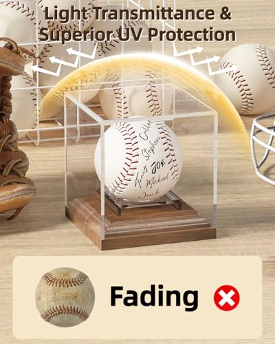 Baseball Display Case for Balls Walnut Wood Base Acrylic Baseball Holder Display Case Uv Protection Baseball Cube Box Stand Memorabilia Autograph Ball, Ideal Gift for Official Size Ball Display
