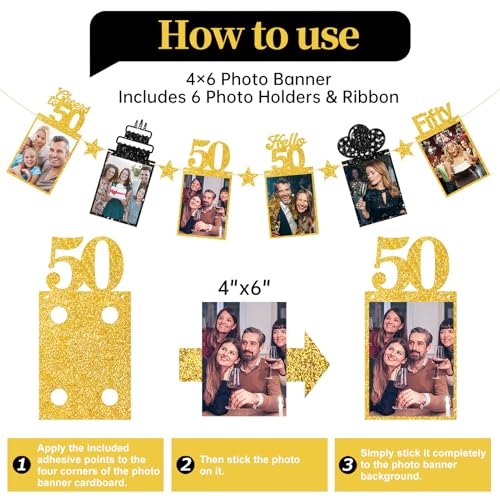 Guiruiy Black Gold 50th Birthday Decorations for Men Women, Pre-strung Glitter Happy 50th Birthday Hanging Photo Banner Party Supplies, Cheers to 50 Years Old Bday Banners - style: Black Gold 50th