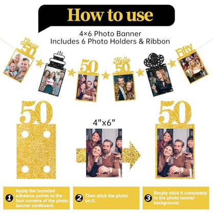 Guiruiy Black Gold 50th Birthday Decorations for Men Women, Pre-strung Glitter Happy 50th Birthday Hanging Photo Banner Party Supplies, Cheers to 50 Years Old Bday Banners - style: Black Gold 50th