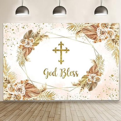 Boho Flowers God Bless Backdrop for Photography First Holy Communion Christening Baptism Photo Backdrop 10x8ft Mi Bautizo Background Girl Baby Shower Party Birthday Decoration Banner Props