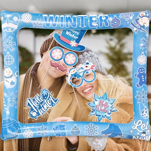 Winter Photo Booth Props Inflatable Frame, 30Pcs Winter Wonderland Photo Props with Inflatable Picture Frame Large for Frozen Holiday Party Selfie Supplies - color: Winter