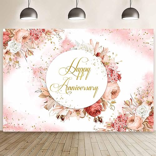 MEHOFOND 8x6ft Boho Floral Anniversary Backdrop Pastel Pink Wedding Anniversary Photography Background Watercolor Pink Bohemian Gold Glitter Dots Couple Wedding Party Decor Cake Smash Photo Props - color: Pink, size: 8x6ft