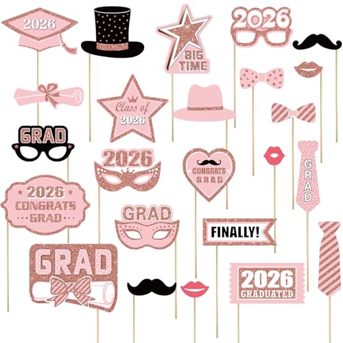 Blulu 24 Pieces 2026 Graduation Party Photo Booth Props Kit, Funny Graduation Party Selfie Props, Selfie Photo Frame for High School and College Grad Favors Supplies(Pink) - color: Pink