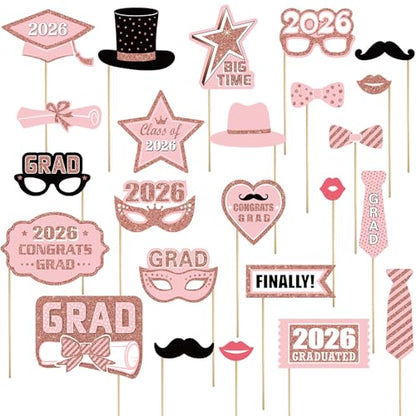 Blulu 24 Pieces 2026 Graduation Party Photo Booth Props Kit, Funny Graduation Party Selfie Props, Selfie Photo Frame for High School and College Grad Favors Supplies(Pink) - color: Pink