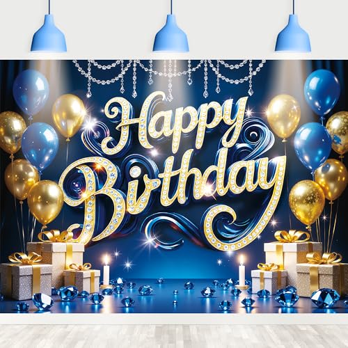 Riyidecor Happy Birthday Backdrop Blue Gold Balloon Gifts Bling Diamond 7Wx5H Feet Polyester Fabric Luxurious for Men Women Photography Background Modern Table Decor Banner Studio Photo Shoot - color: G 01 Blue, size: 7Wx5H