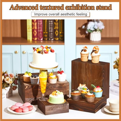 Barydat 8 Pcs Large 13.7" Wood Risers Display Stands Rustic Square Cupcake Stand Food Risers Stackable Display Box for Buffet Table Dessert Food Birthday Wedding Party(Black Brown) - color: Black Brown, size: Large