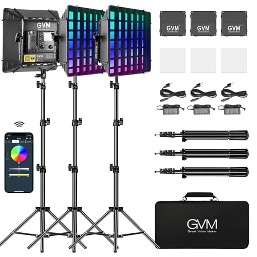 GVM 800D RGB Photography Lighting Kits with 3 Softboxes, 3 Packs Studio Lights with Bluetooth Control, YouTube Video Light with Upgrade18 Lighting Scenes, led Panel Lights for Video Recording - size: 3 Packs with Softbox