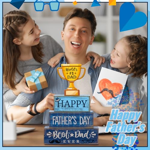 Yuntau 4 Pcs Father's Day Decorations Happy Father's Wooden Tabletop Tiered Tray Decor Rustic Best Dad Ever Trophy Block Table Sign Centerpiece for Farmhouse Shelf Office Birthday Party Gift - style: Father's Day