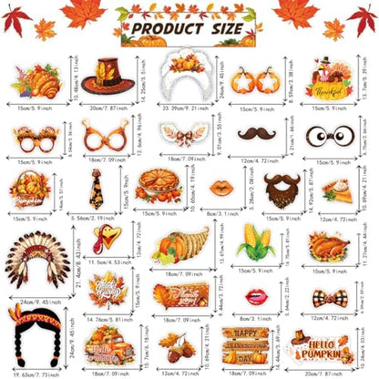30 Pcs Thanksgiving Photo Booth Props Set, White Cardboard Frame with Bamboo Sticks, Party Decoration