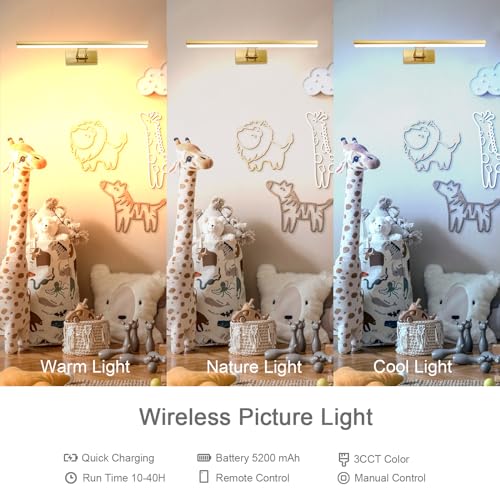 Picture Light,13.5" Art Light, Picture Light Battery Operated,3CCT Picture Frame Light,Wireless Picture Lights for Painting,Wall Display, Photo,Library Gold-Painted - color: Painting Gold, size: 13.5inches
