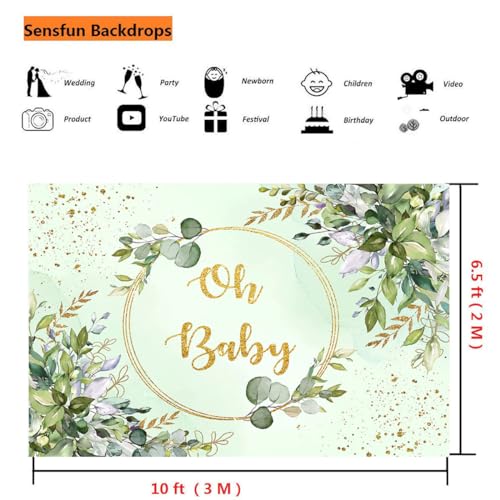 Sensfun Sage Green Baby Shower Backdrop Neutral Baby Shower Decorations Greenery Eucalyptus Gold Oh Baby Banner Photography Background for Boy Girl Gender Reveal Party Photo Booth Supplies 10x6.5ft - size: 10X6.5ft