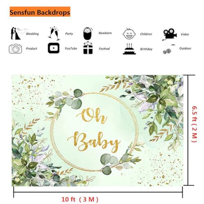 Sensfun Sage Green Baby Shower Backdrop Neutral Baby Shower Decorations Greenery Eucalyptus Gold Oh Baby Banner Photography Background for Boy Girl Gender Reveal Party Photo Booth Supplies 10x6.5ft - size: 10X6.5ft