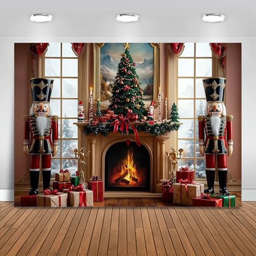 Mocsicka Merry Christmas Backdrop Nutcracker Soldier Christmas Fireplace Party Decorations Banner Xmas Tree Backrgound for Photography Photo Booth Props (Red, 6x4ft(72"x48")) - size: 6x4ft(72"x48")