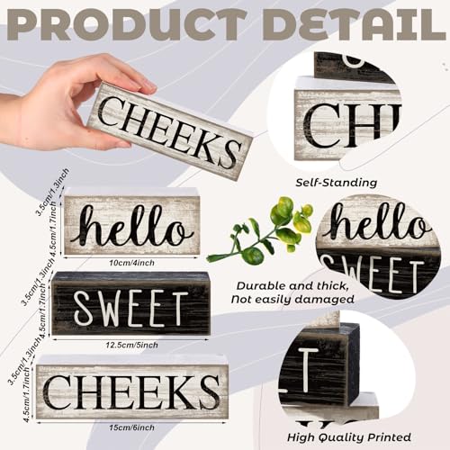 Moucuny 4 Pcs Bathroom Shelf Decor Hello Sweet Cheeks Sign Farmhouse Bathroom Decor and Accessories Rustic Eucalyptus Leaves Wood Block Sign Gift Sweet Home Table Centerpiece for Home Office - style: Eucalyptus Leaves