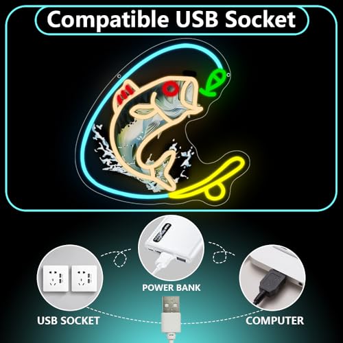 Fishing Neon Sign, Gone Fishing Led Neon Sign Light for Wall Decor Fish Hook Man Cave Light Up Sign Party Decorations for Gear Store Angler Teen Boy Dad Husband Gift Dimmable USB Powered(13.8"*10.6") - style: Fishing