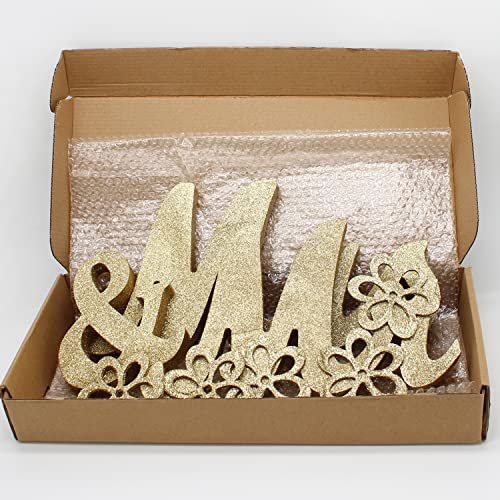 Mr & Mrs Signs Rustic Wooden Freestanding Letters - Anniversary & Wedding Decoration, Golden Flower Pads - color: Golden with flower pads